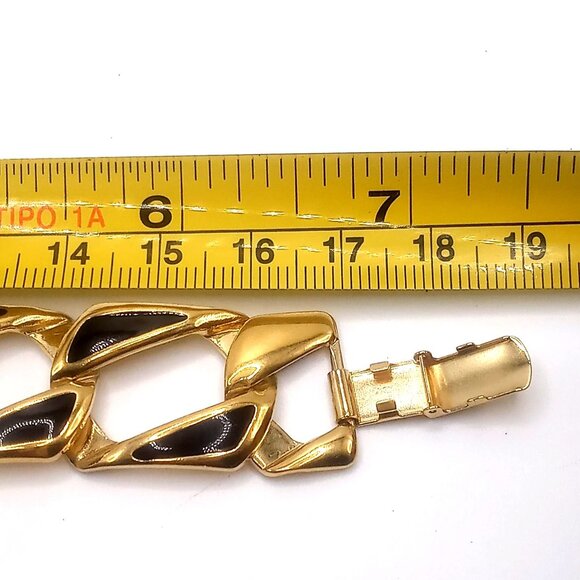Napier Signed Bracelet Gold-Tone Black Enamel Art Deco Link Chain Style 7" Long - Picture 12 of 12